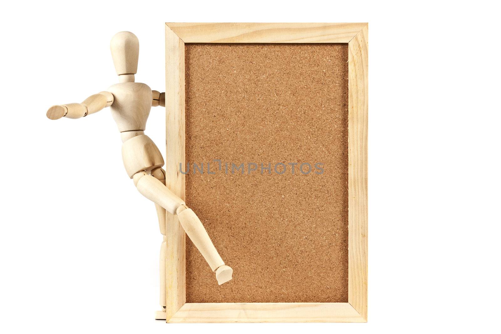 Mannequin and blank corkboard message on white background