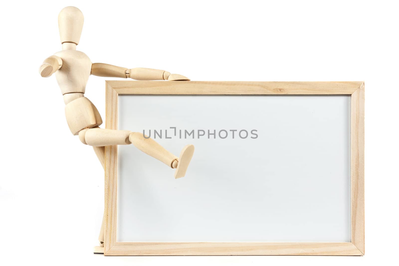 Mannequin and blank whiteboard message on white background