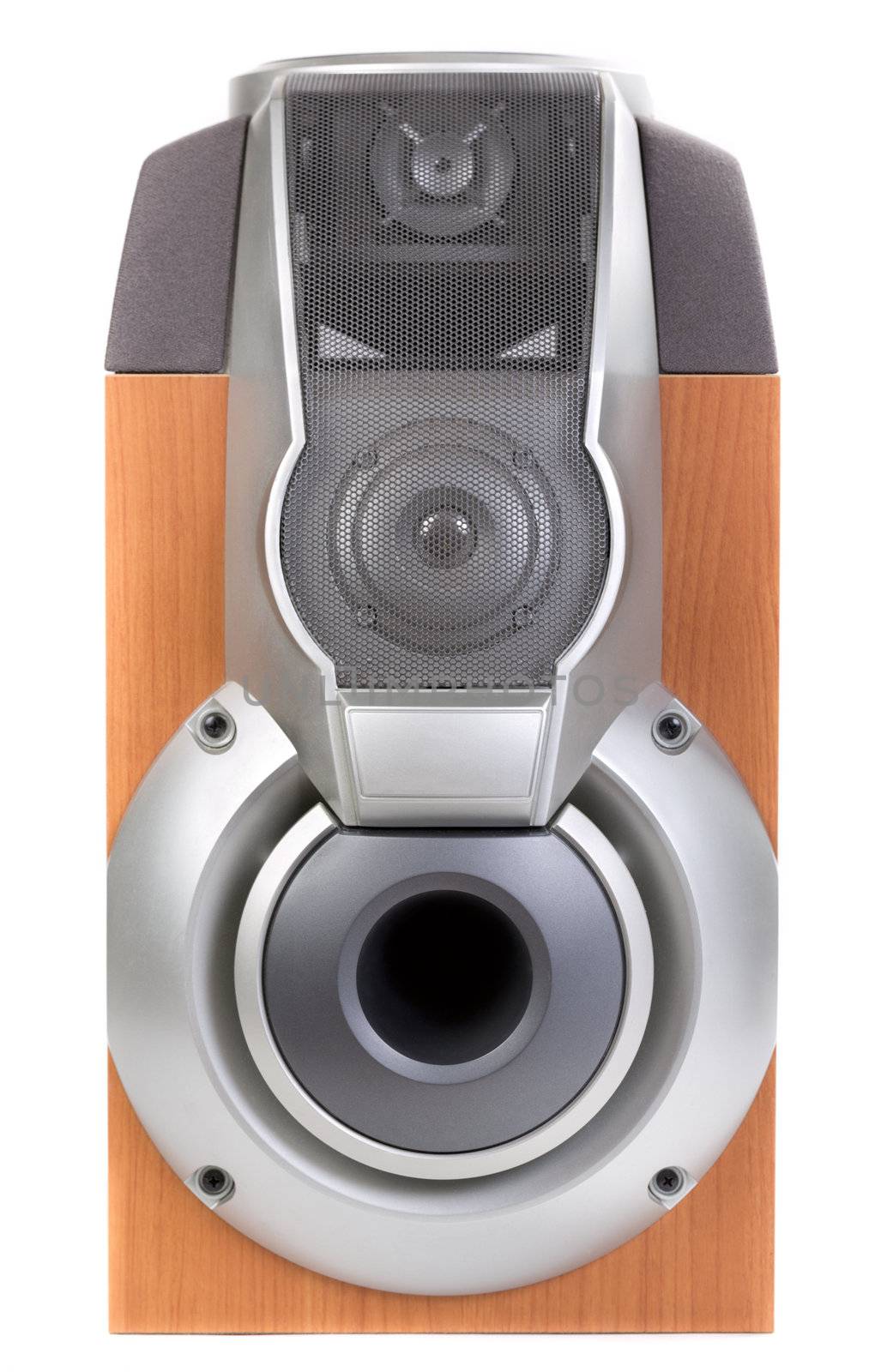 Wooden brown acoustic system isolated in white