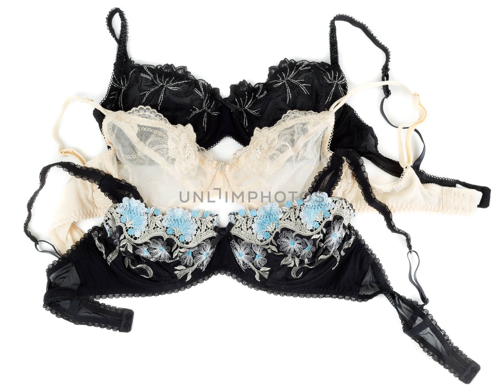 three stylish bra isolated on white background