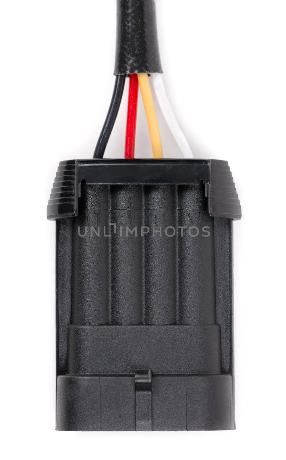 Plastic four-contact electrical connector for the car. Isolate on white.