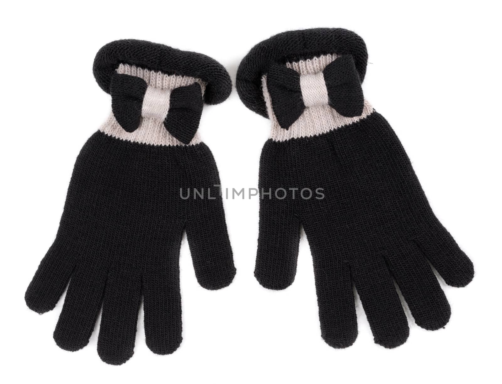 Warm black woollen gloves isolated on white background.