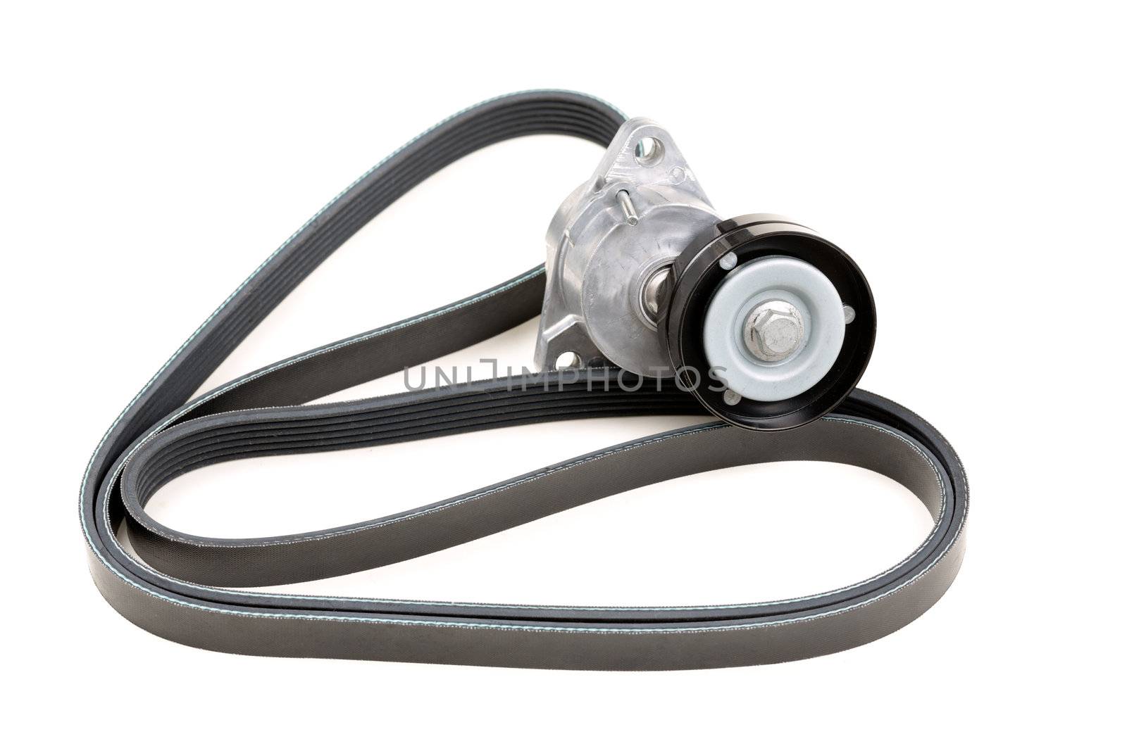 Set serpentine belt and tensioner pulley. Isolate on white.