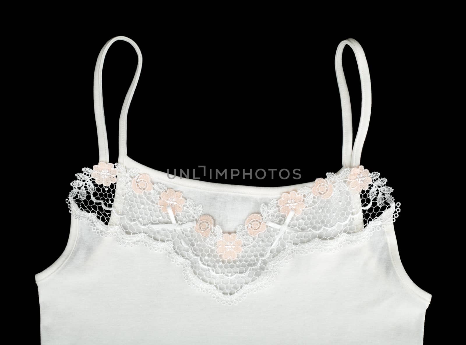 White Women T-shirts with an openwork pattern isolated on a black background