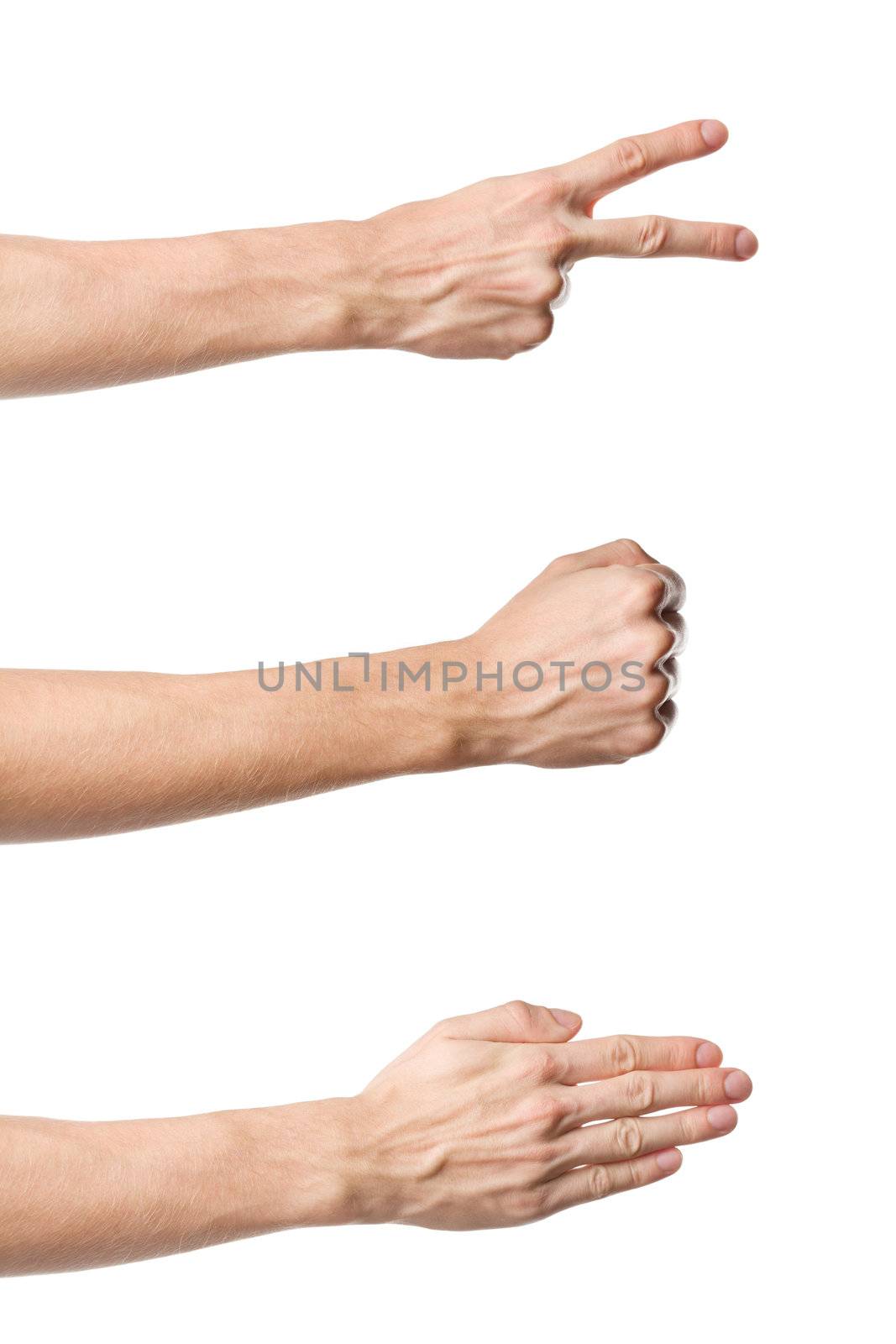 Three man's hand gestures. Rock Paper Scissors game isolated on white