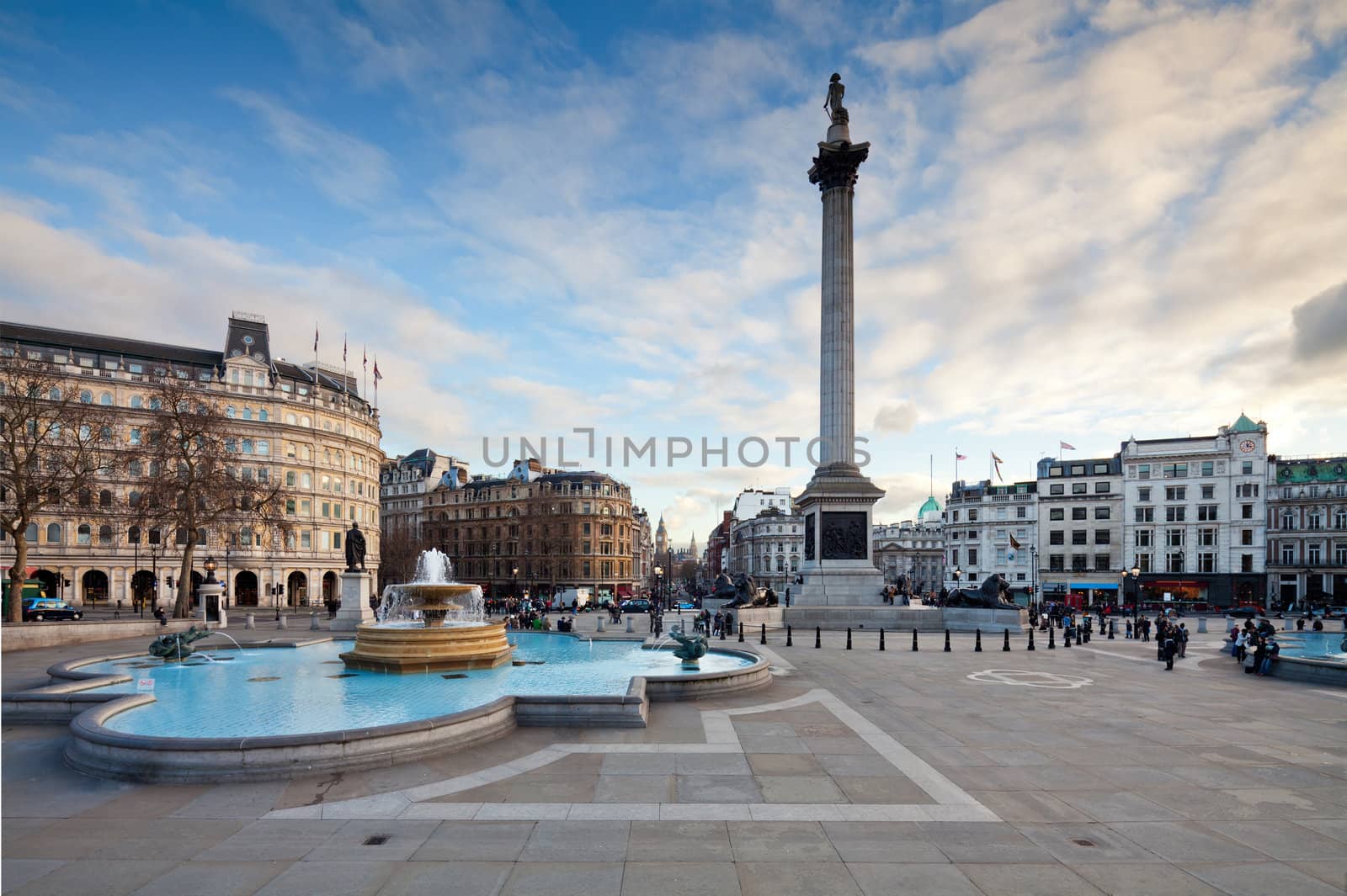 Trafalgar Square is a public space and tourist attraction in central London. Landscape shot with tilt-shift lens maintaining verticals