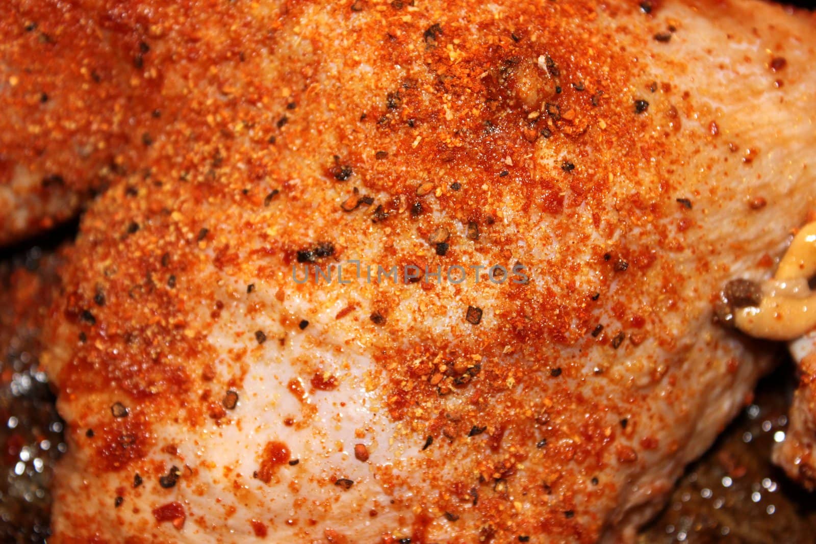 Closeup of chicken spiced with pepper and paprika.