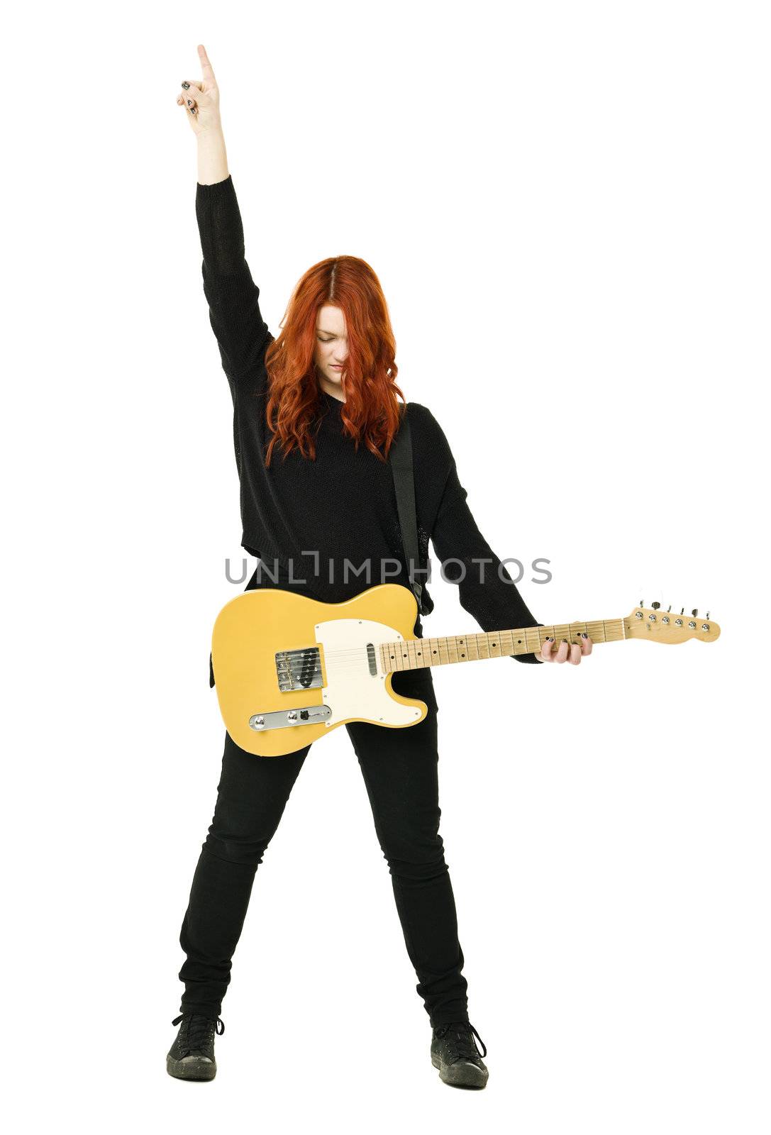 Female Guitar player isolated on white background