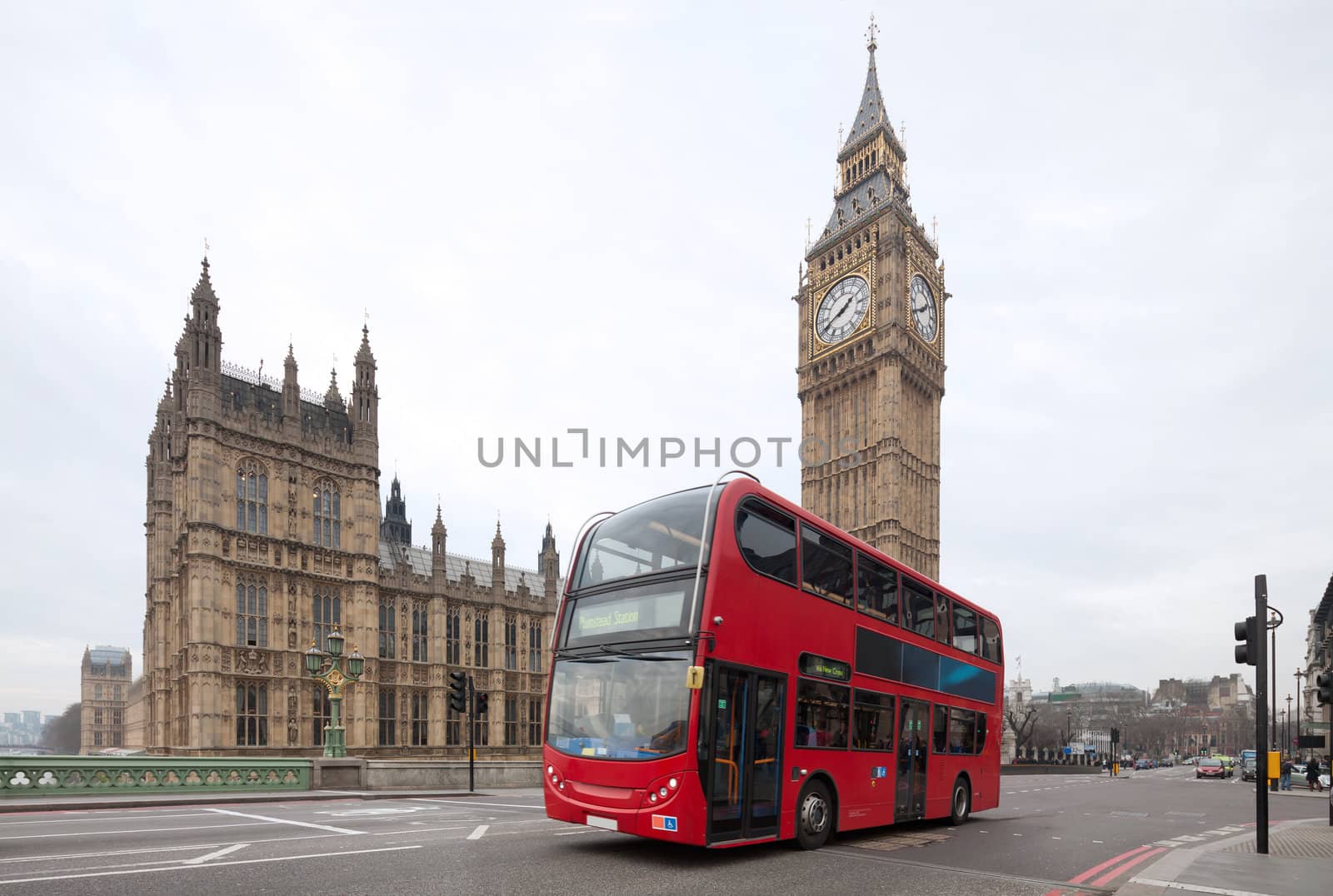 Big Ben with red double-decker in London, UK. Cityscape  shot with tilt-shift lens maintaining verticals