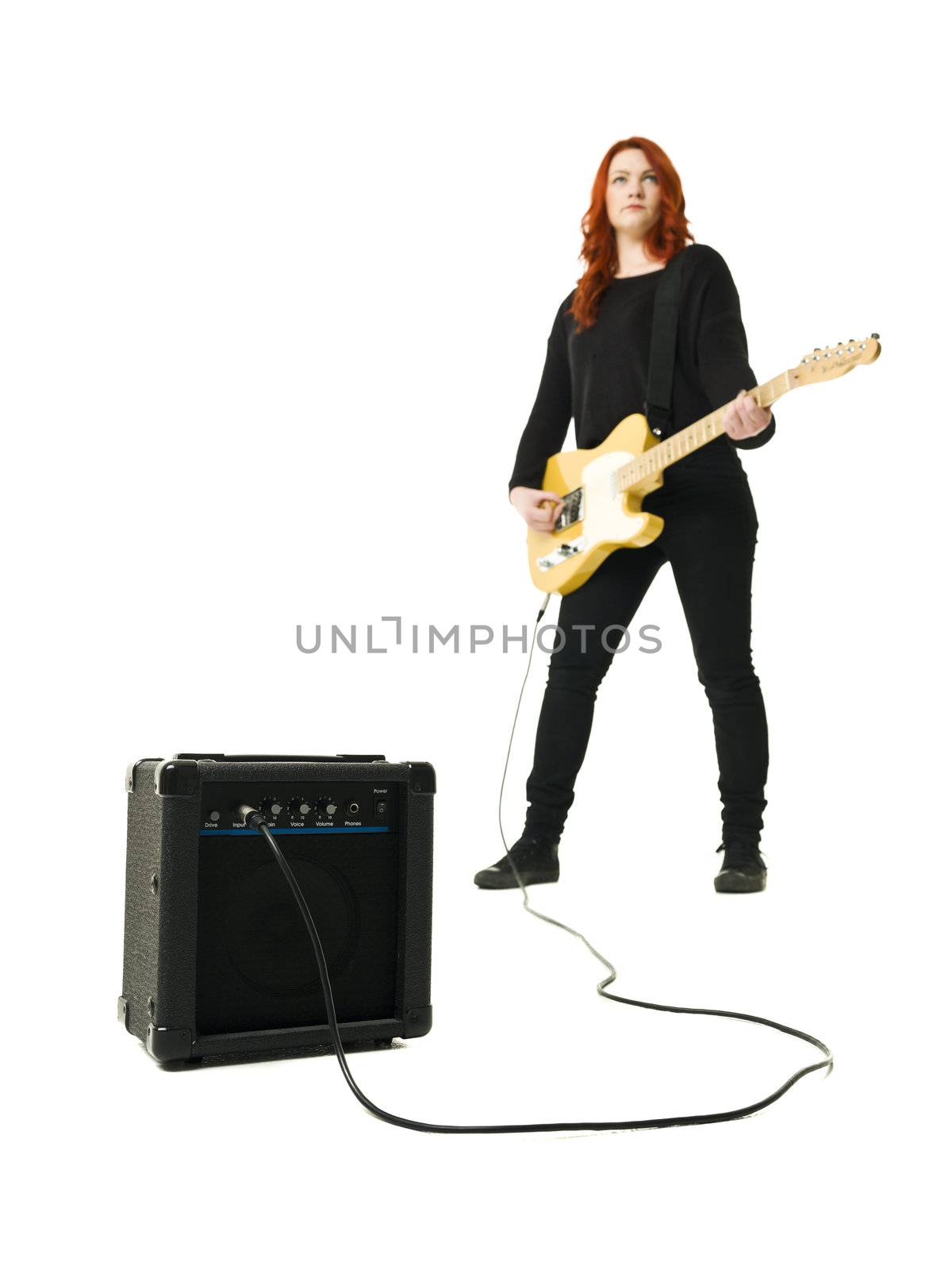 Female Guitar player isolated on white background