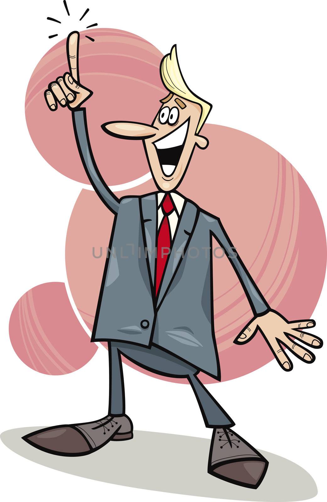 cartoon humorous illustration of young businessman with an idea
