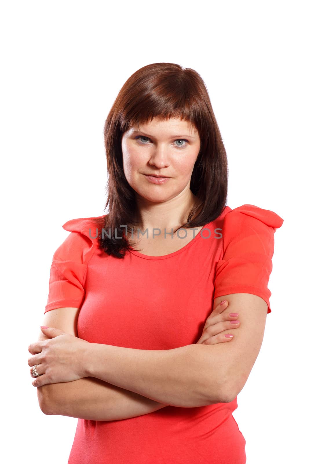 serious woman on white background