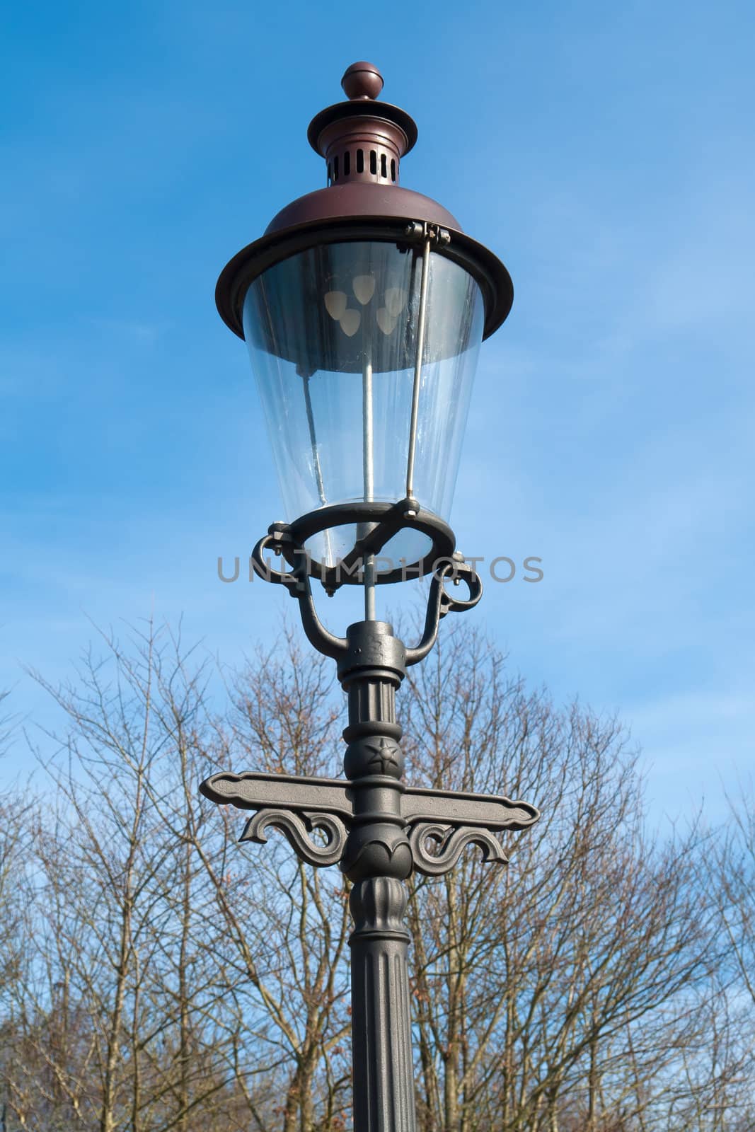 Classical decorated metal street lamp on a pole