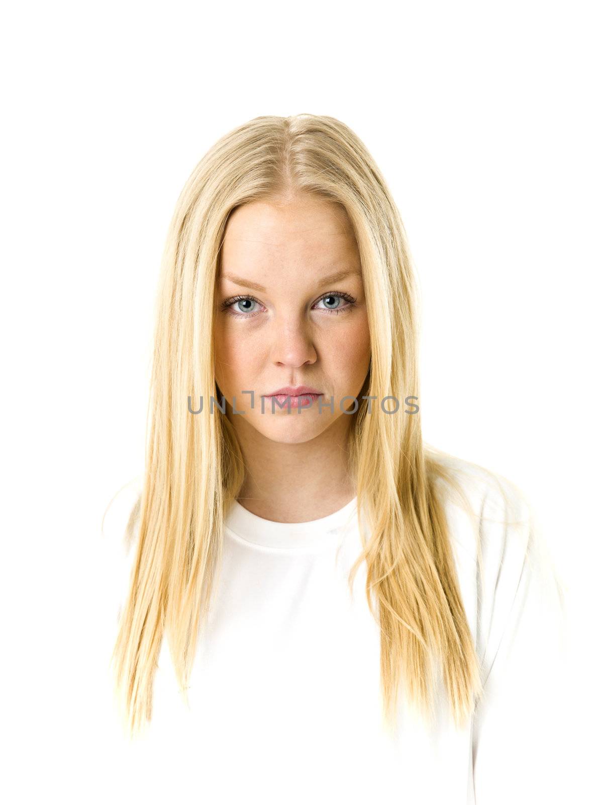 Portrait of a blond woman isolated on white background