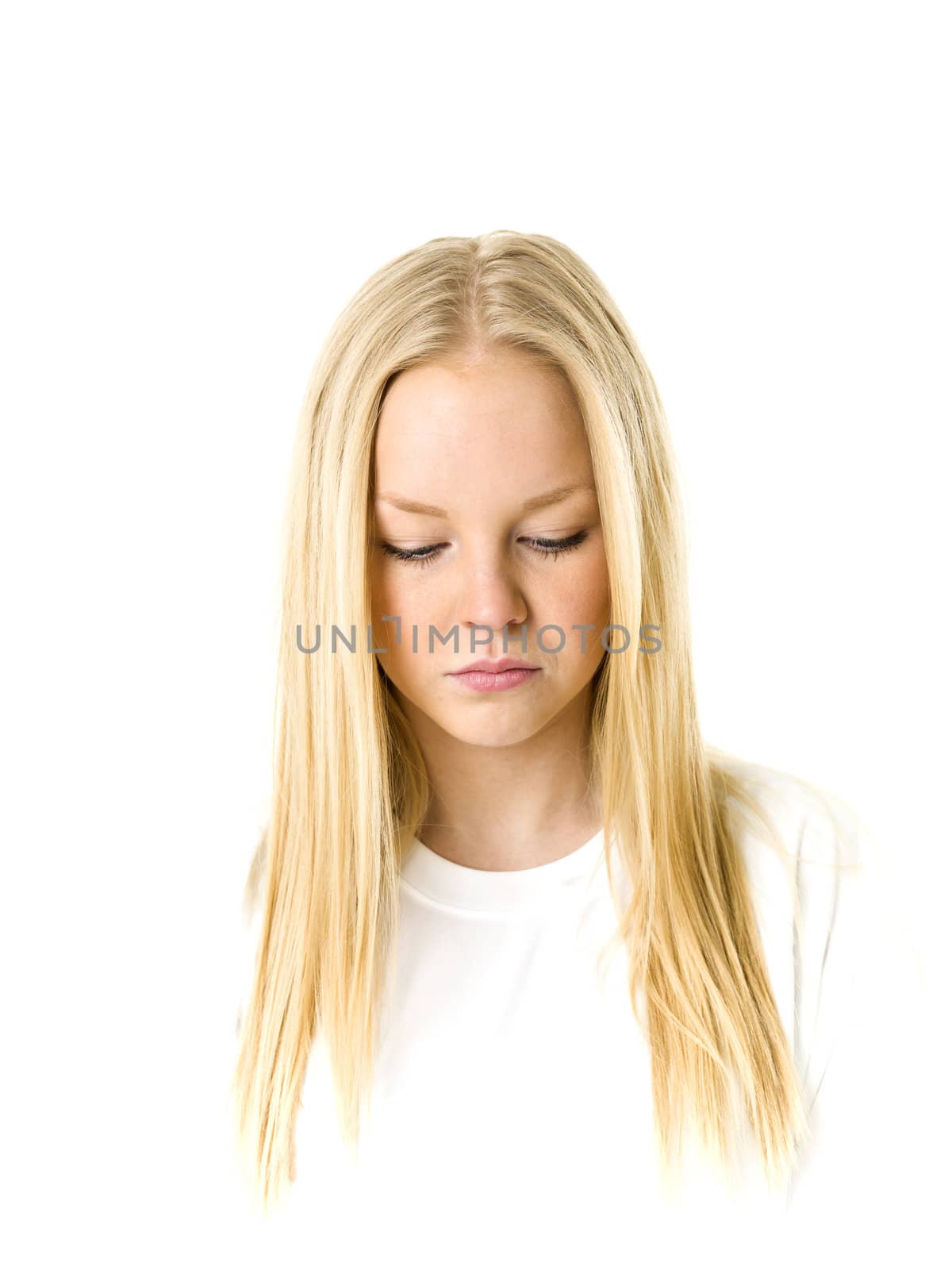 Portrait of a blond woman isolated on white background