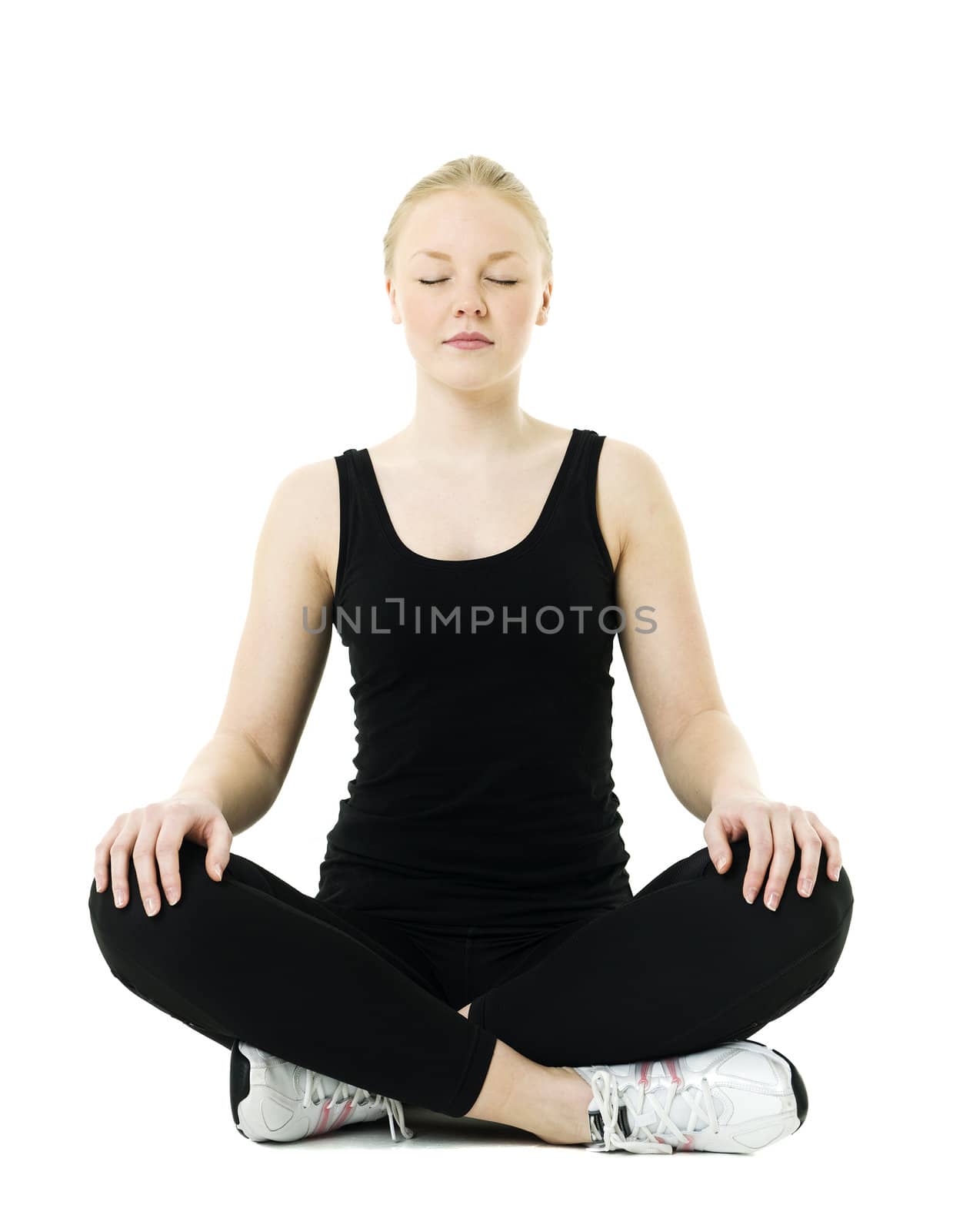 Young woman doing yoga isolated on white background
