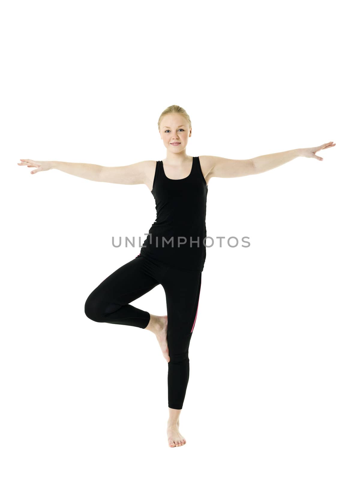 Young blond woman working out isolated on white background