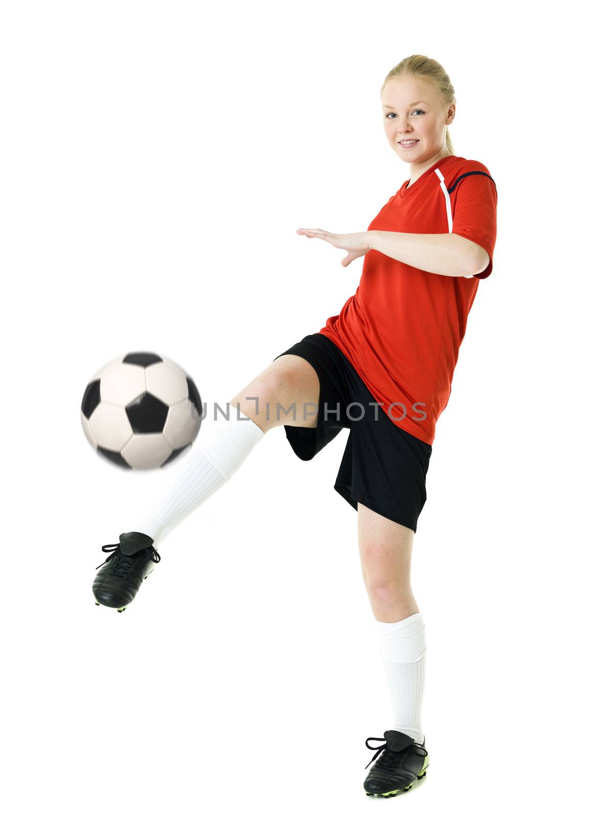 Blond soccer woman isolated on white background