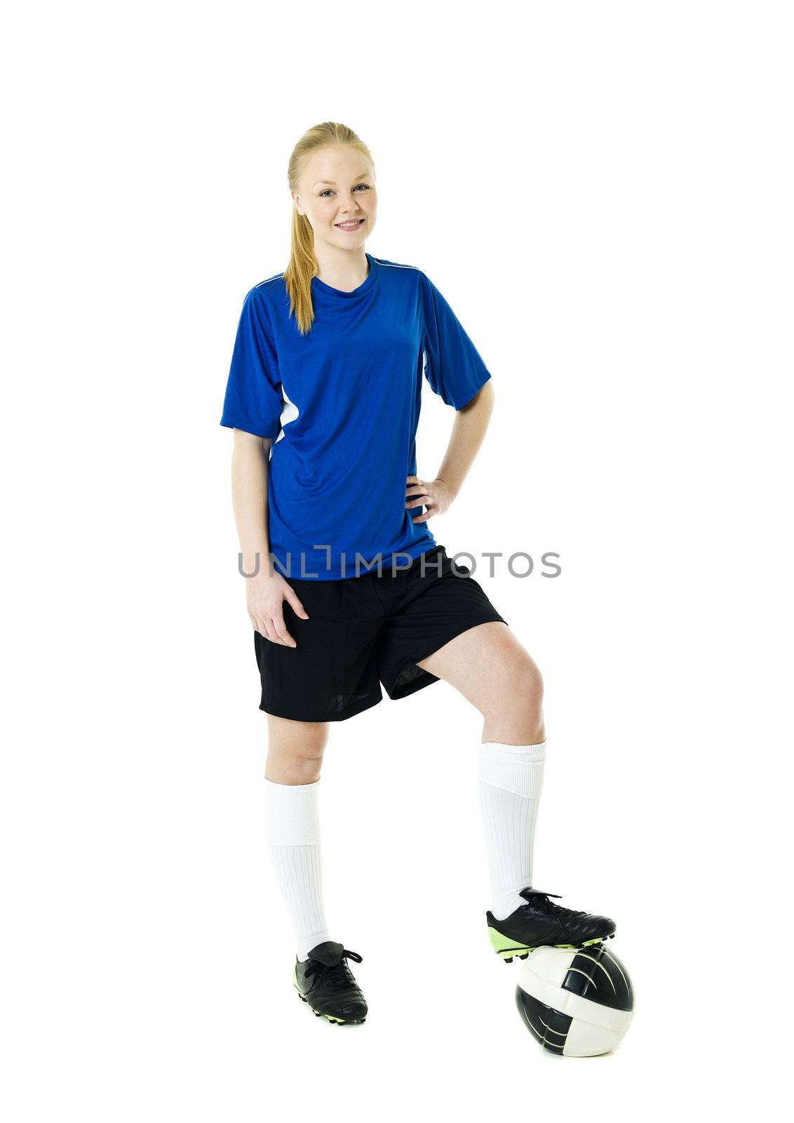 Blond soccer woman isolated on white background