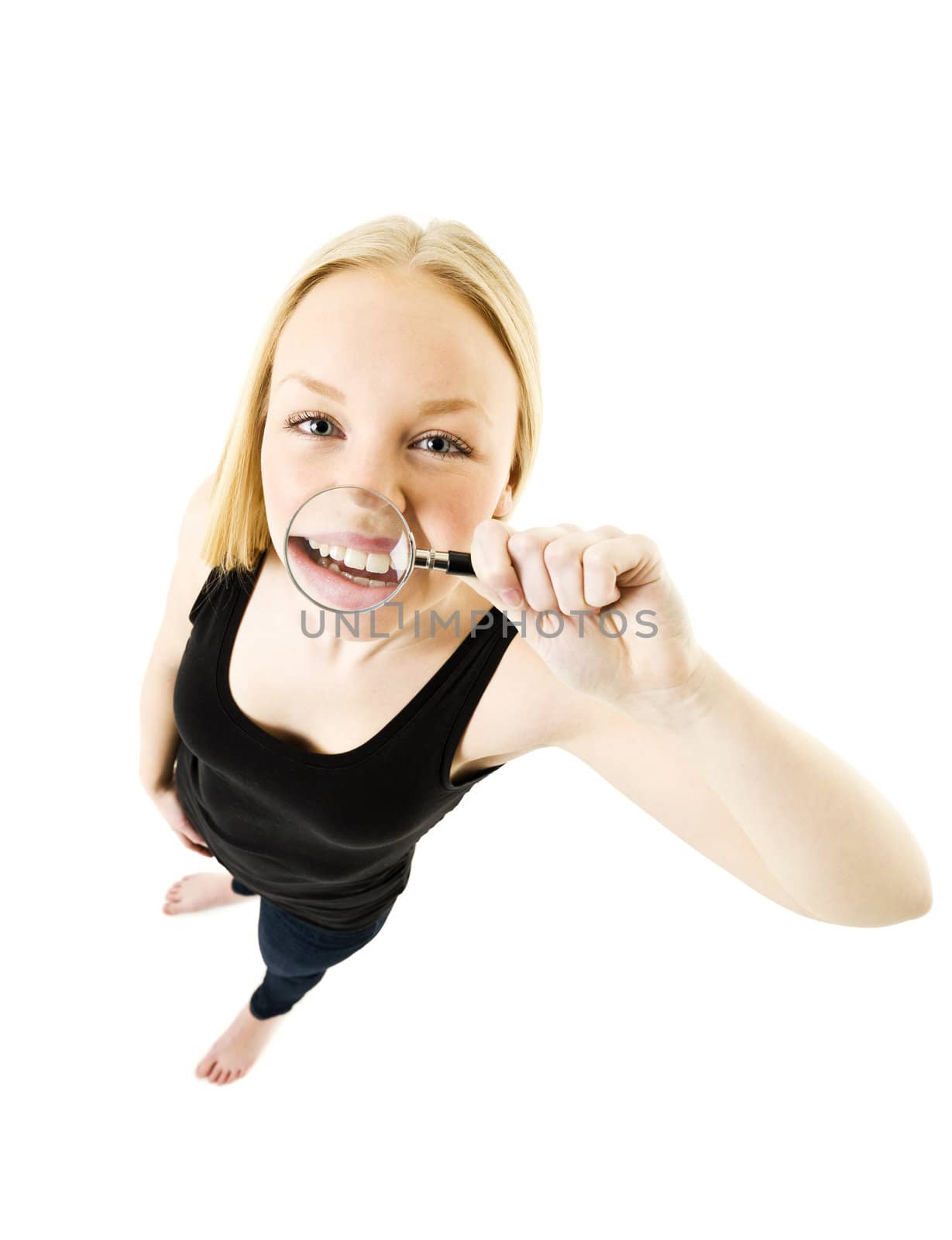 Girl with a Magnifying Glass in front of her mouth