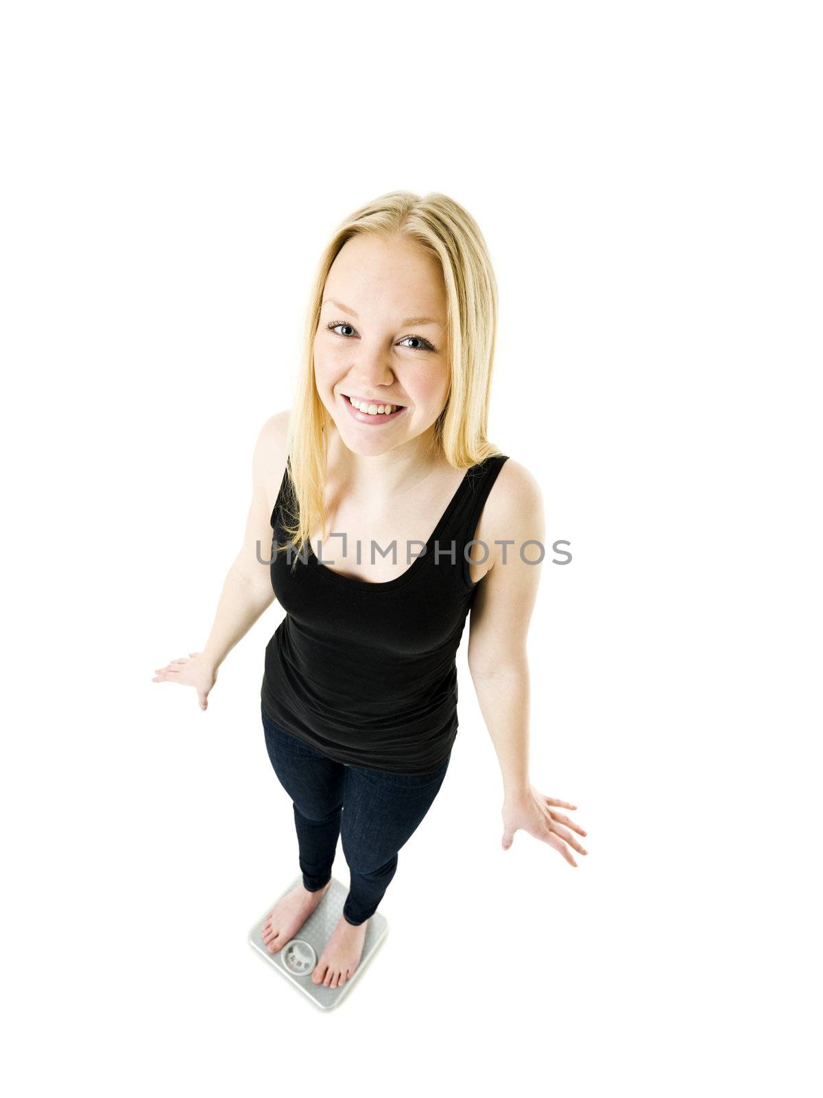 Young Girl on weight scale isolated on white background
