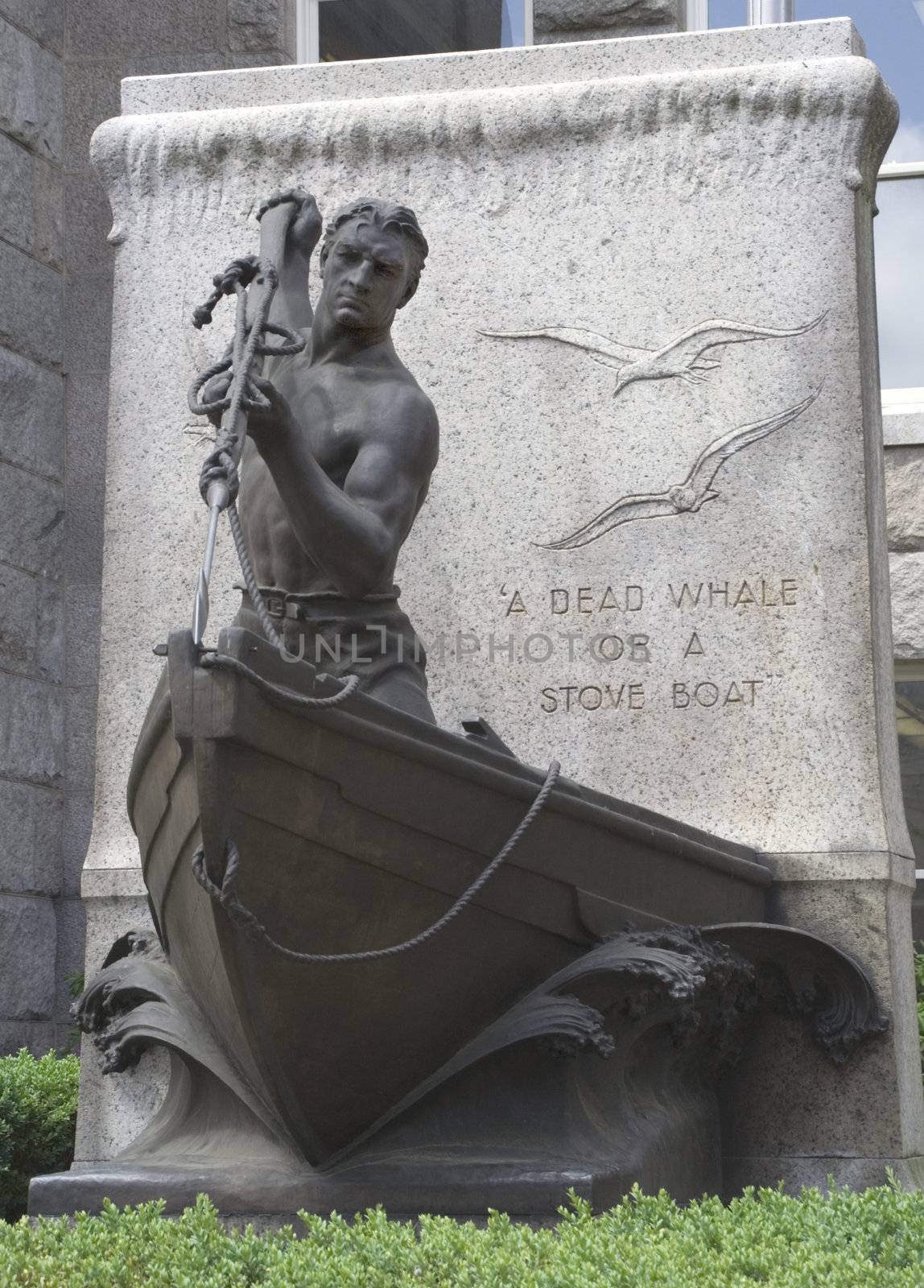 Whaling Statue, Symbol of New Bedford Massachusetts and the Whaling Industry.  A dead whale or a stove boat.  Statue made in 1913 by Bela Lyon Pratt.