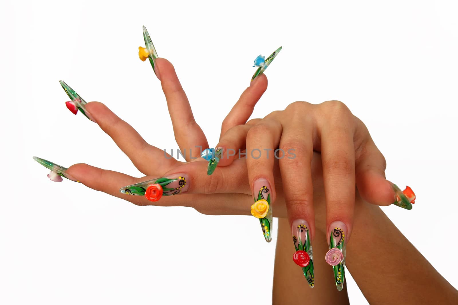 Human fingers with long fingernail and beautiful manicure isolated on white