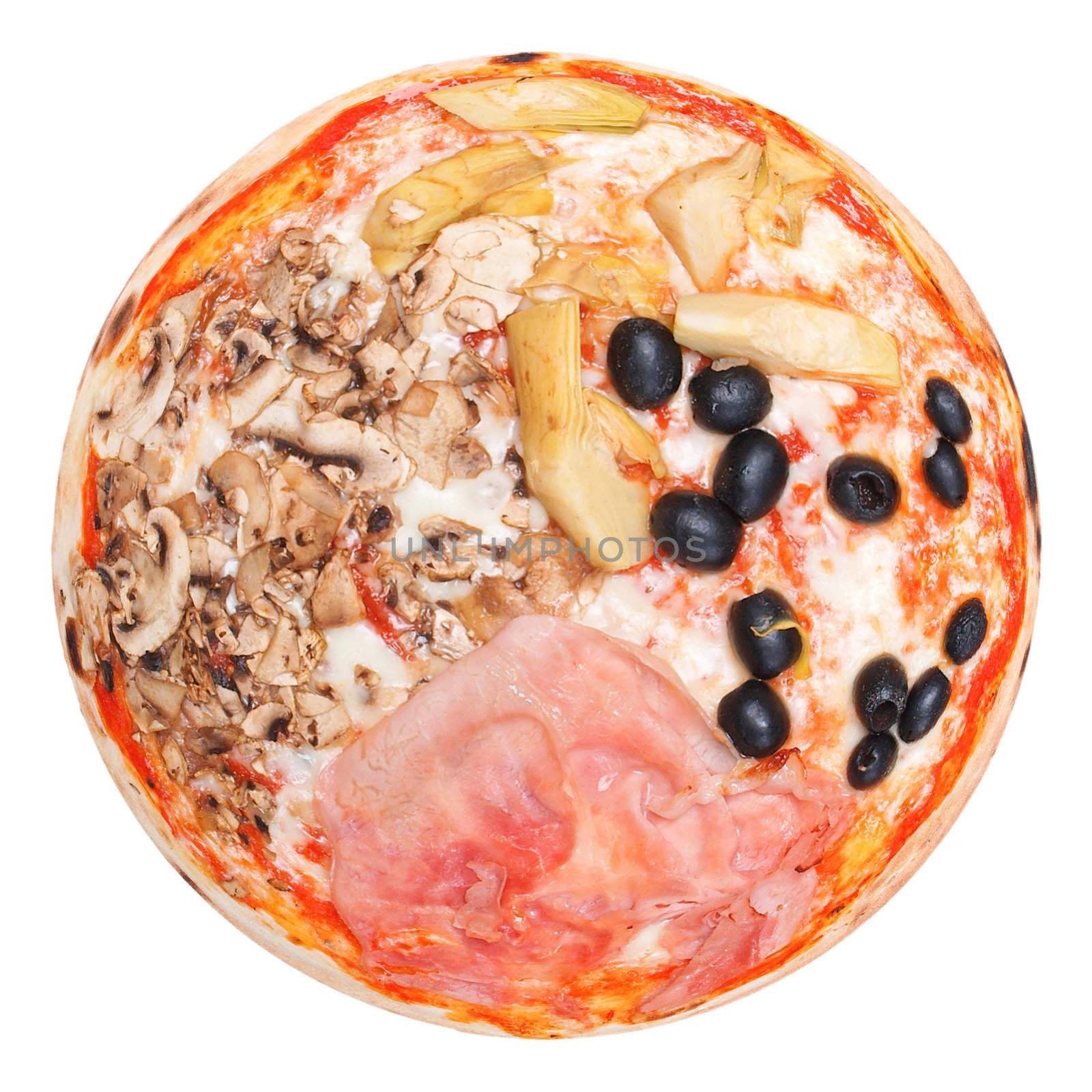 Italian Four Seasons Pizza (Pizza Quattro Stagioni) - isolated over a white background