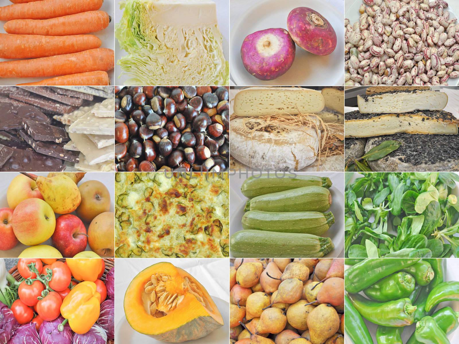 Food collage set with beans, vegetables, fruit and cheese
