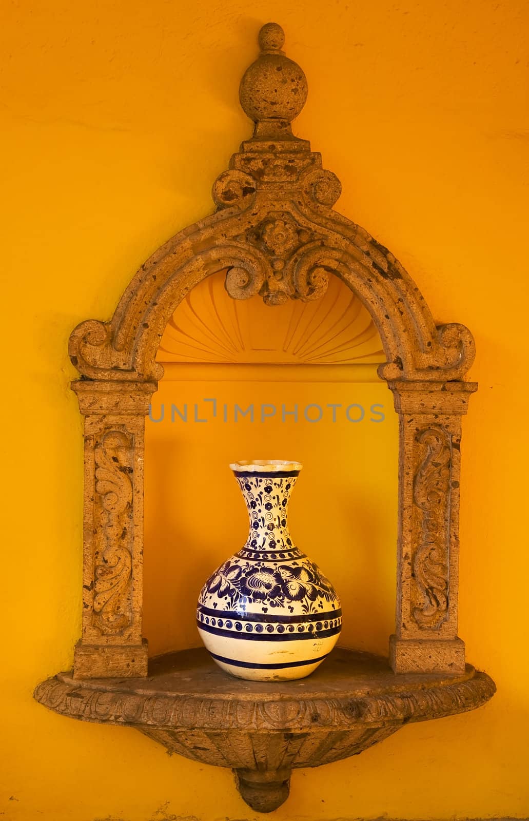 Yellow Adobe Wall, Blue White Mexican Vase, Guadalajara Mexico