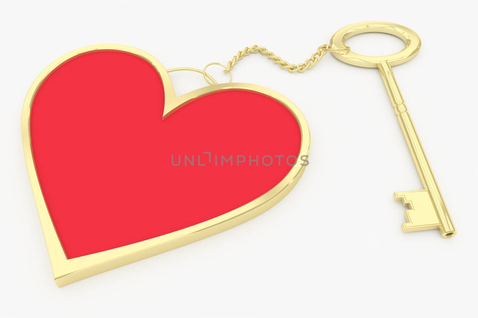 Red-gold pendant in the shape of heart with a golden key. 3d render.