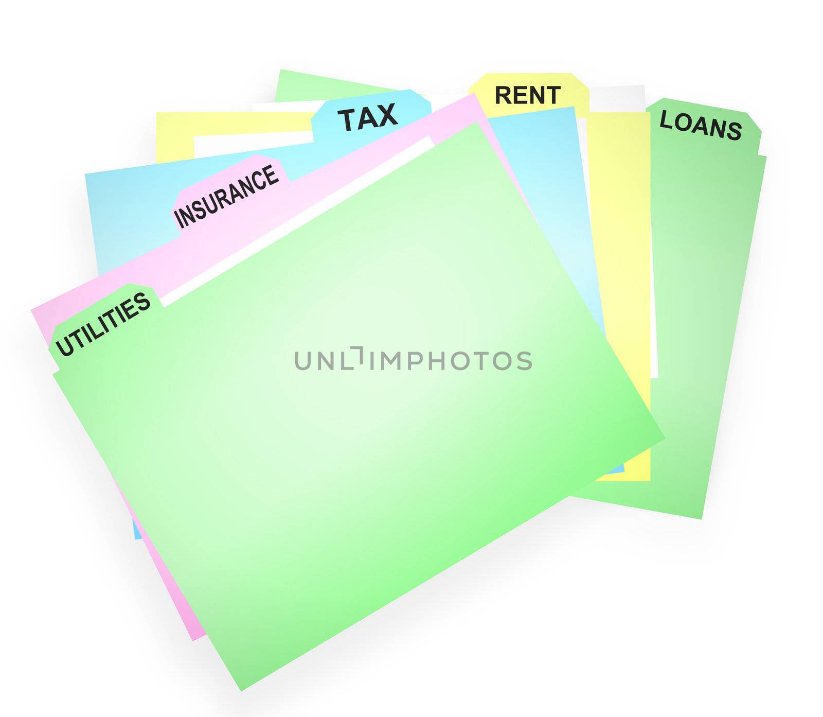 Illustration depicting several card wallet folders containing financial paperwork. White background.
