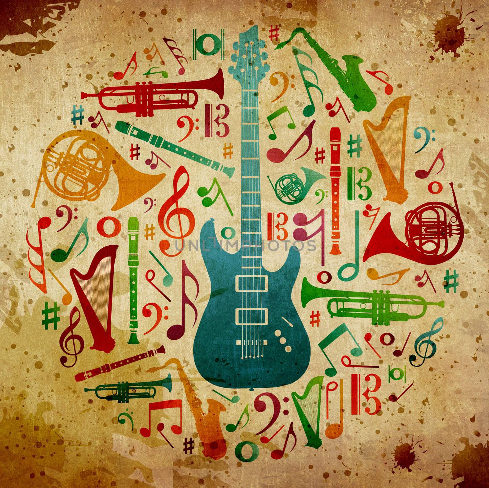 Multicolored music instruments silhouette in circle shape. Vintage background