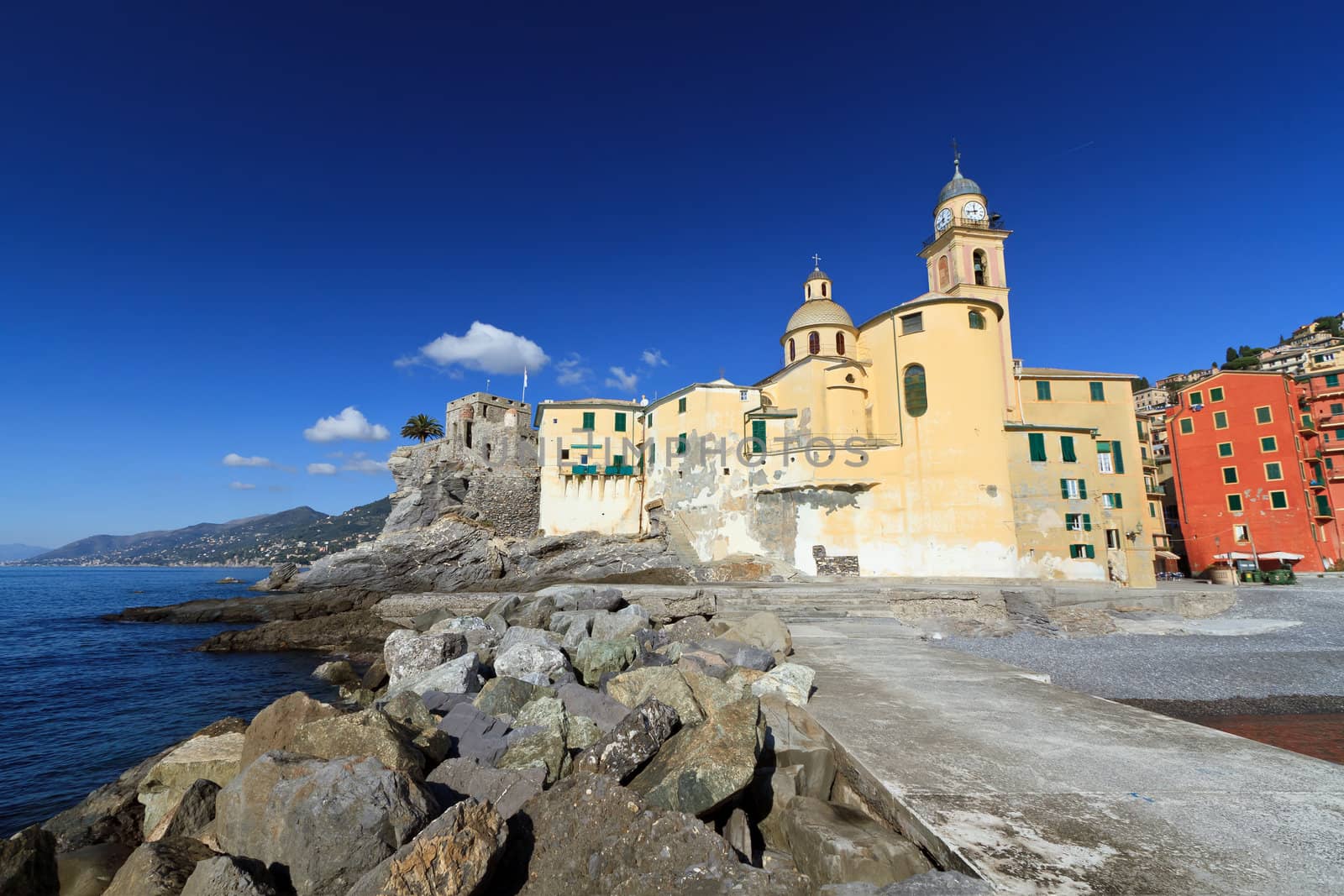 the ancient basilica in Camogli, famous small town in Liguria, Italy