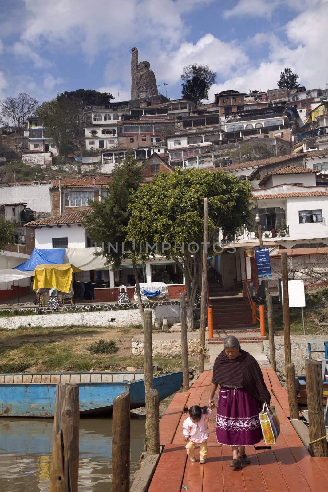 Indian Grandma and Daughter Walking on Dock to Boat Janitizo Island, Patzcuaro Lake, Mexico