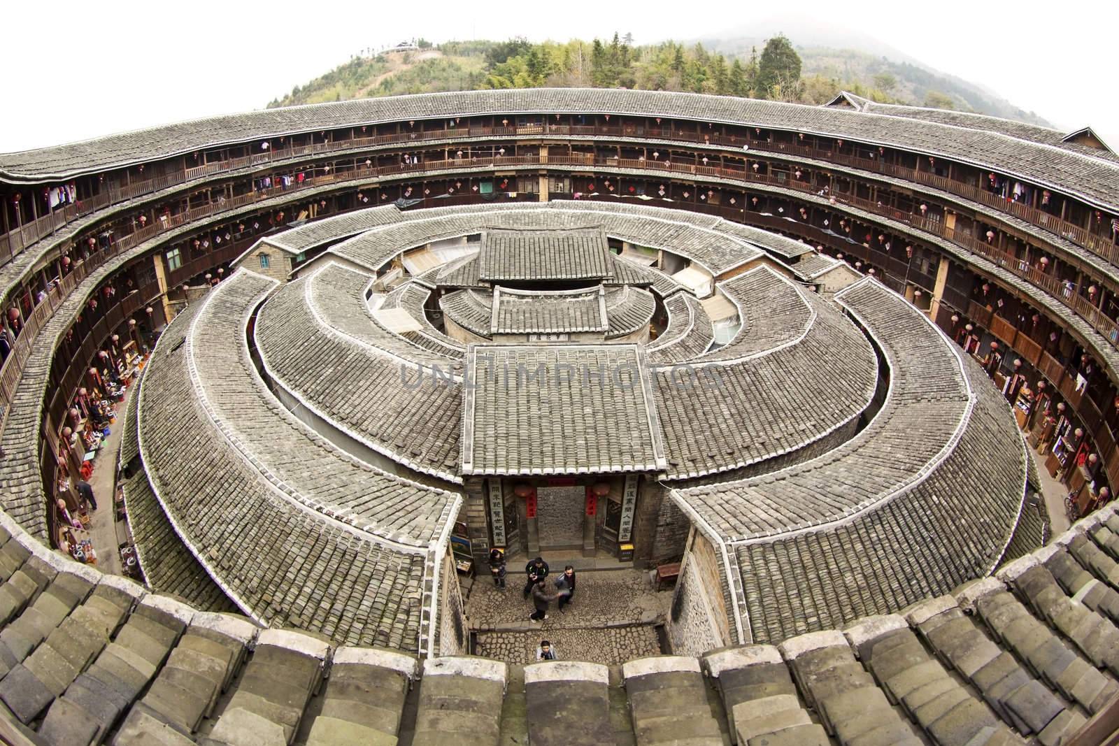 Fujian Tulou house in China. It is the Chinese rural dwellings of the Hakka and others in the mountainous areas in southeastern Fujian, China.