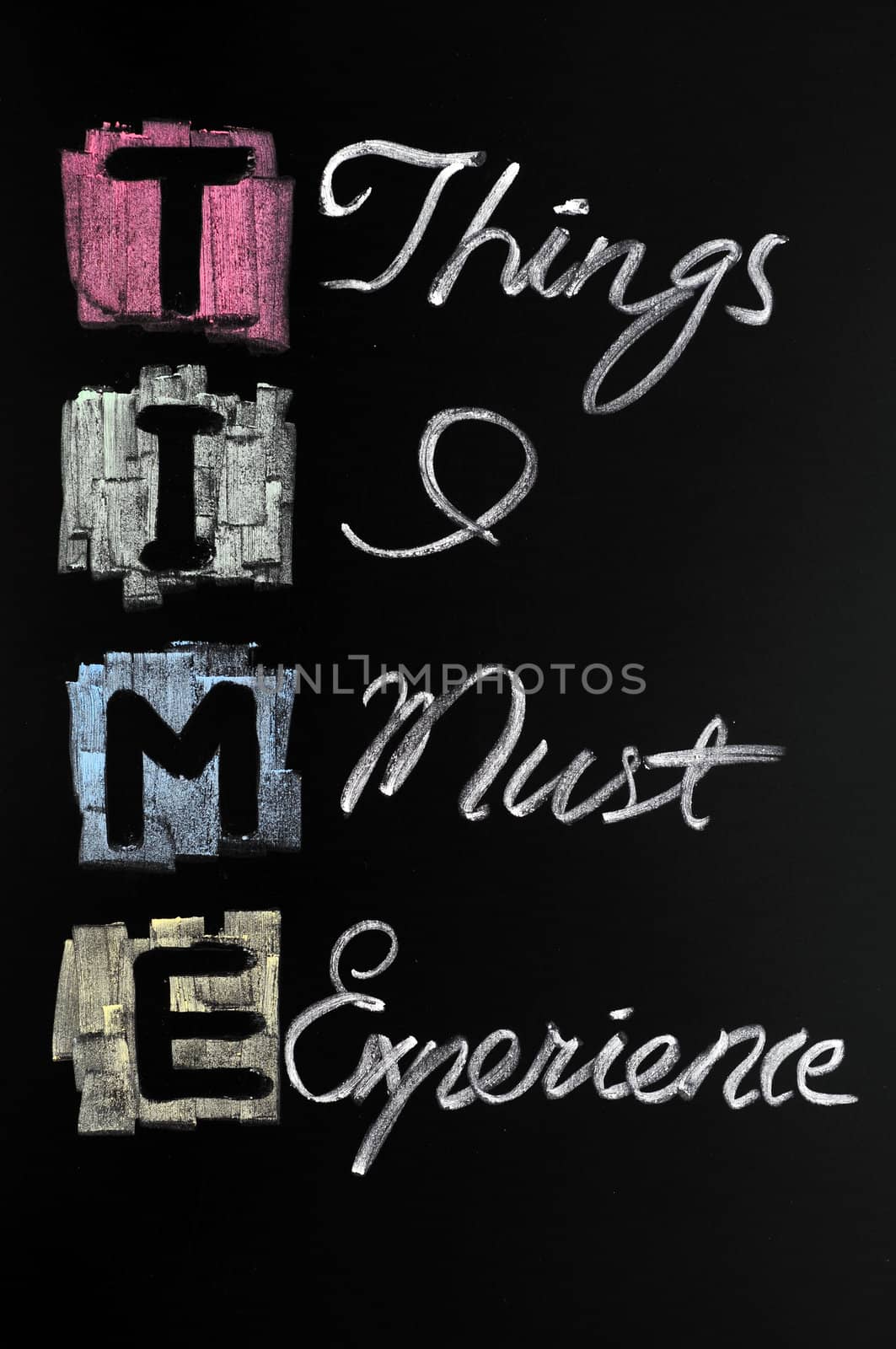 TIME acronym written with colorful chalk on blackboard