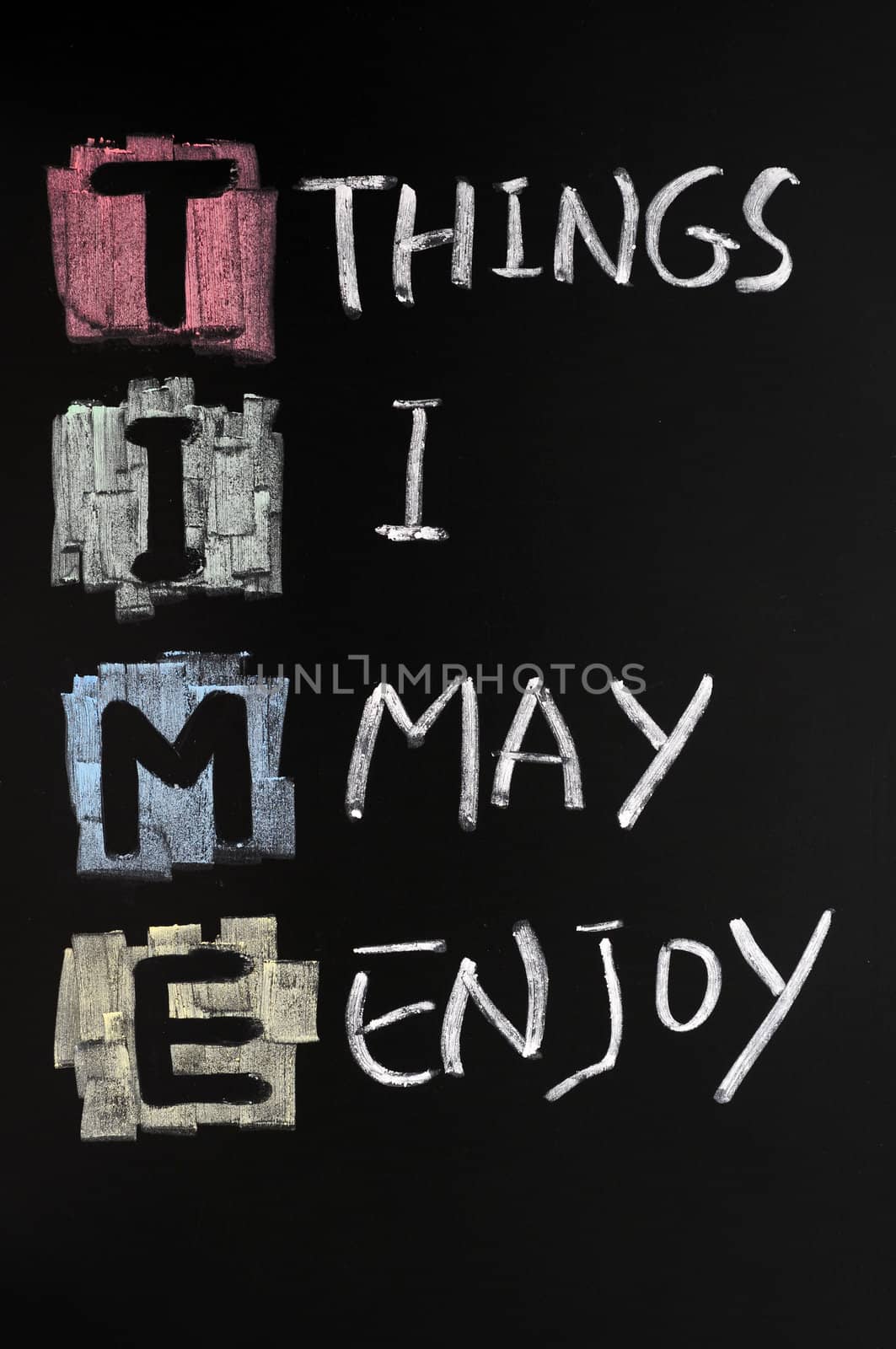 TIME acronym written with colorful chalk on blackboard