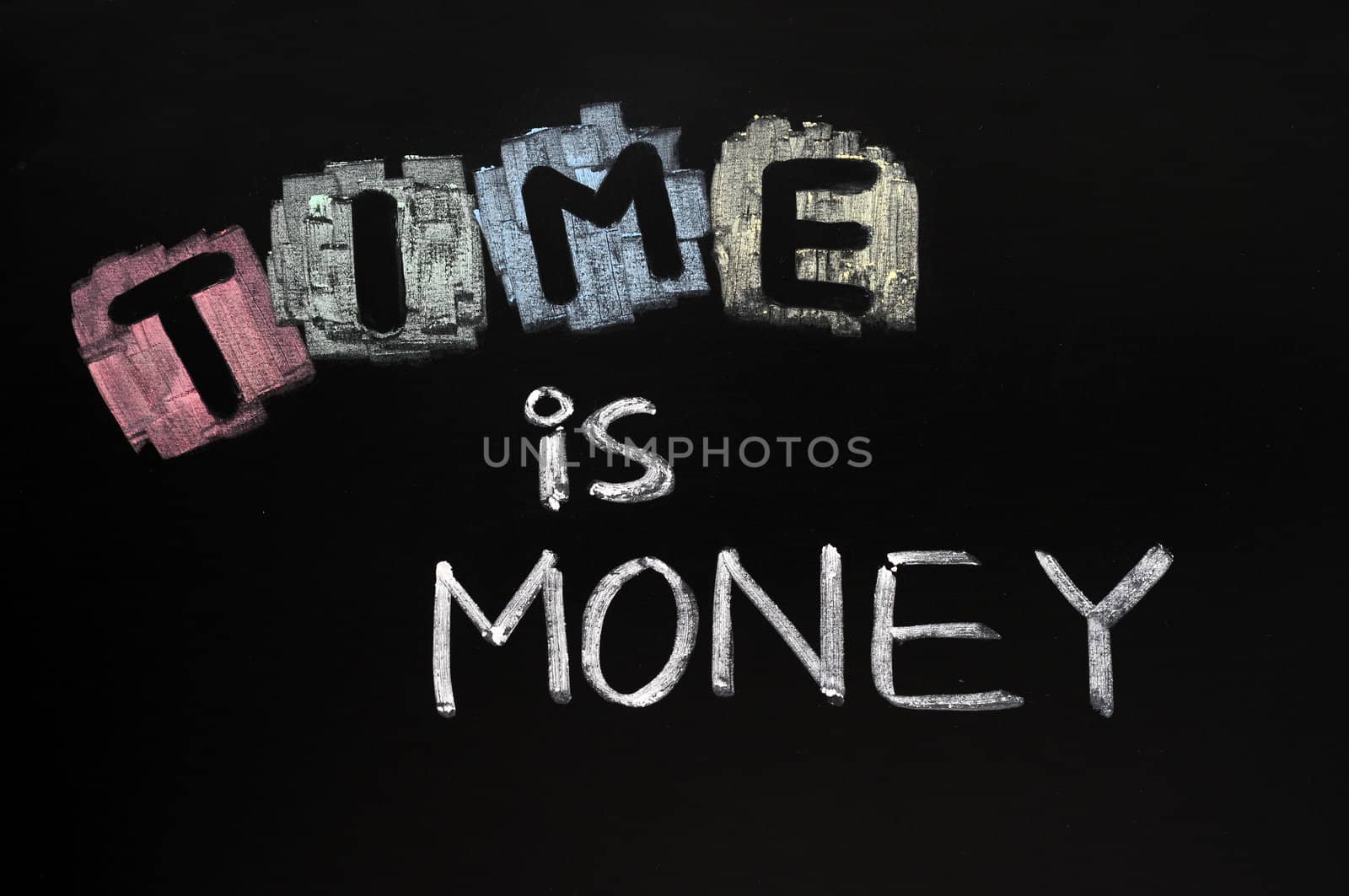 Time is money written with chalk on blackboard