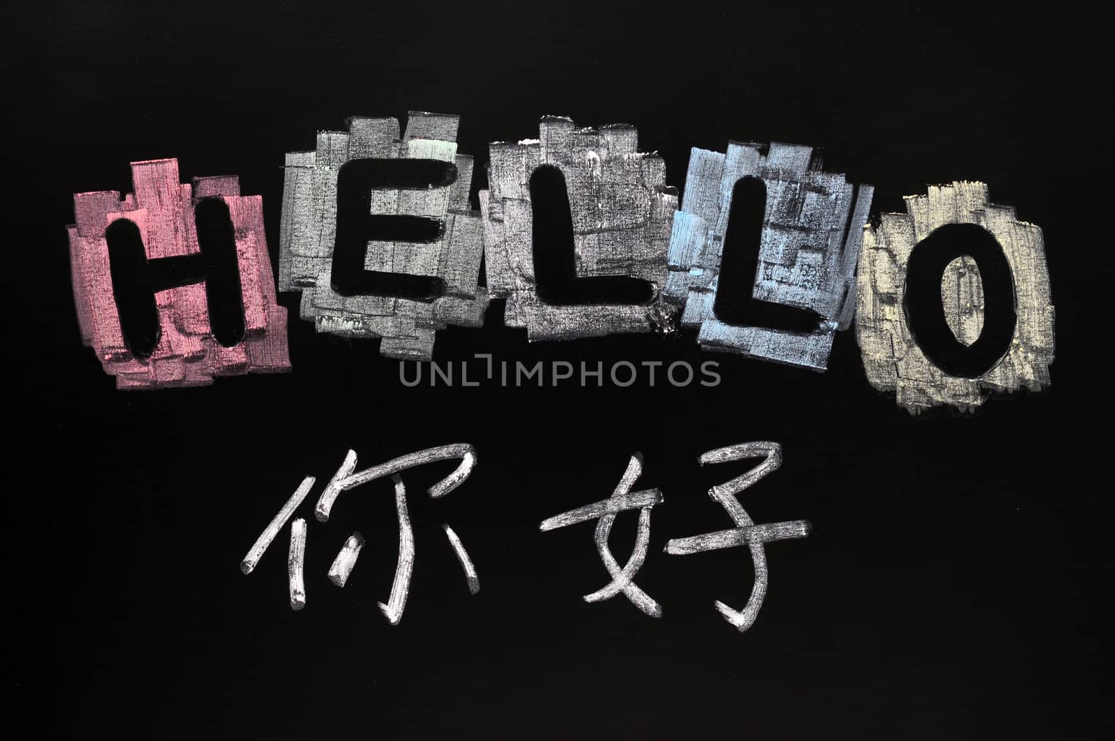 Hello written with chalk on blackboard
