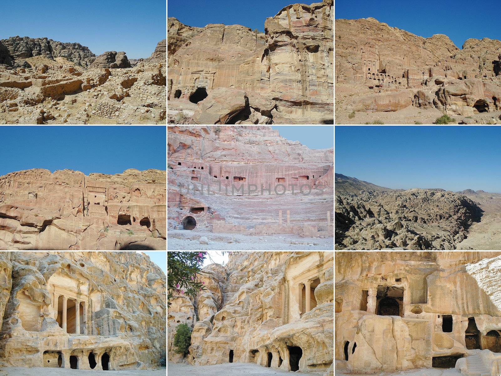 Set of pictoresque views of the ruins of Beidha in Jordan
