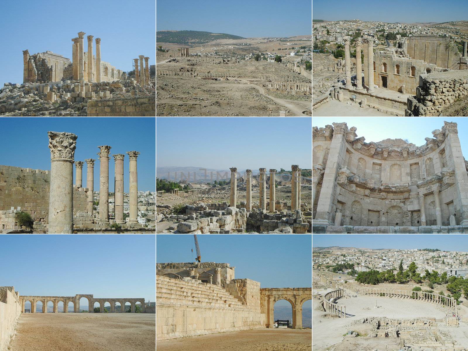 Set of pictoresque views of the ruins of Jerash (Gerasa) in Jordan