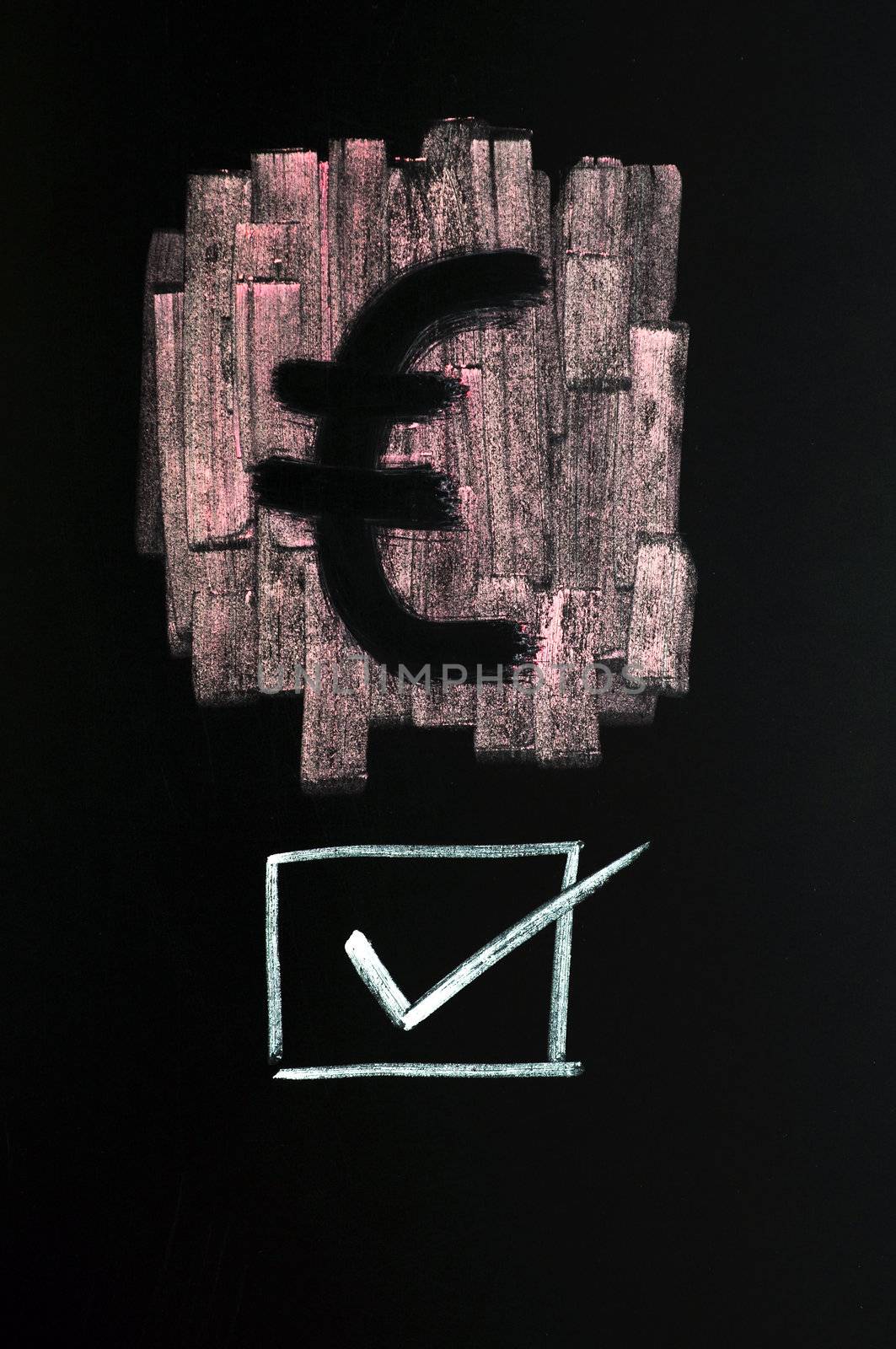 Symbol of Euro drawn with chalk on blackboard, with a check box