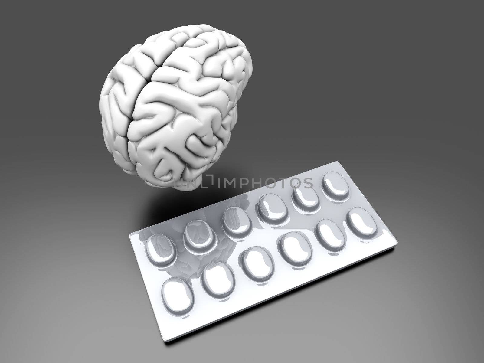 Some pills for the Brain. Symbolic for Drugs, Psychopharmaceuticals, Nootropics and other Medications. 3d rendered Illustration.