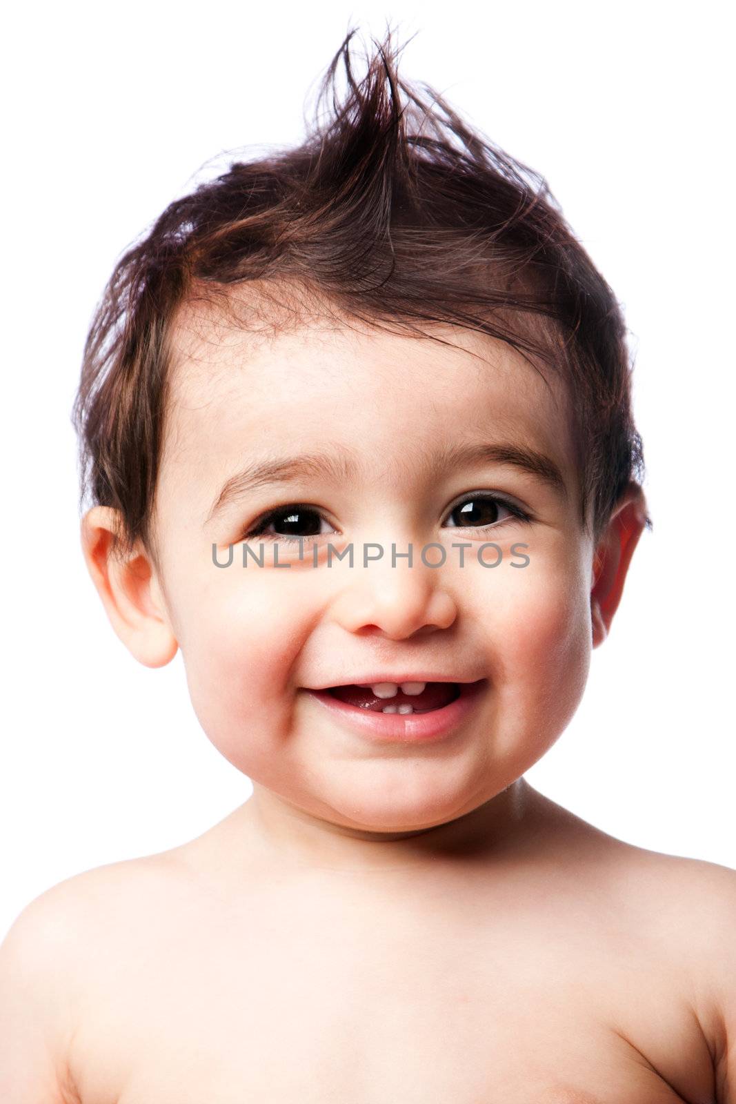 Cute happy smiling teething baby toddler with mohawk hairstyle, isolated.
