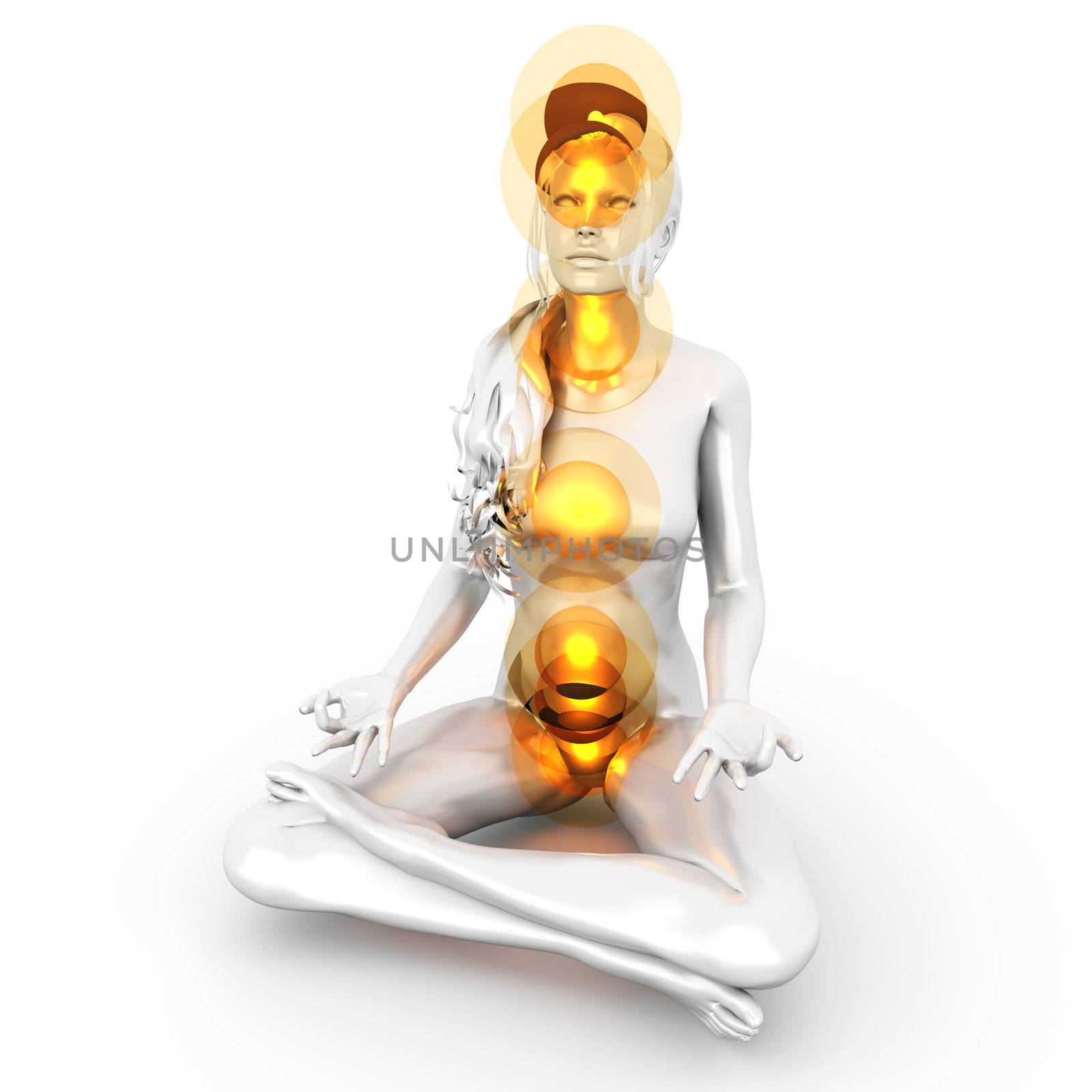 A woman performing a full chakra meditation. 3D rendered illustration. 