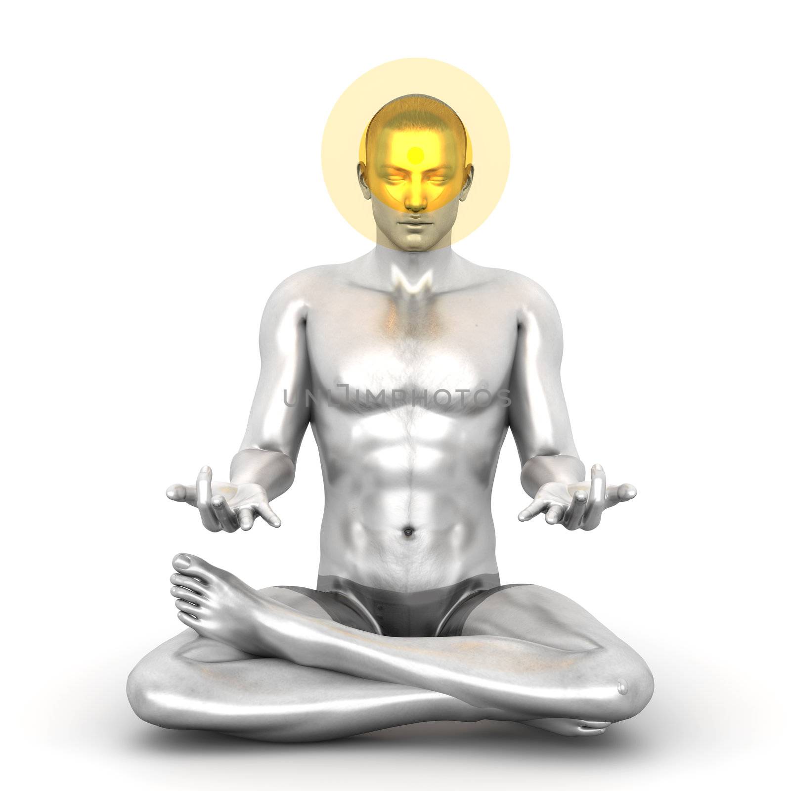 A man performing a Ajna chakra meditation. 3D rendered illustration.