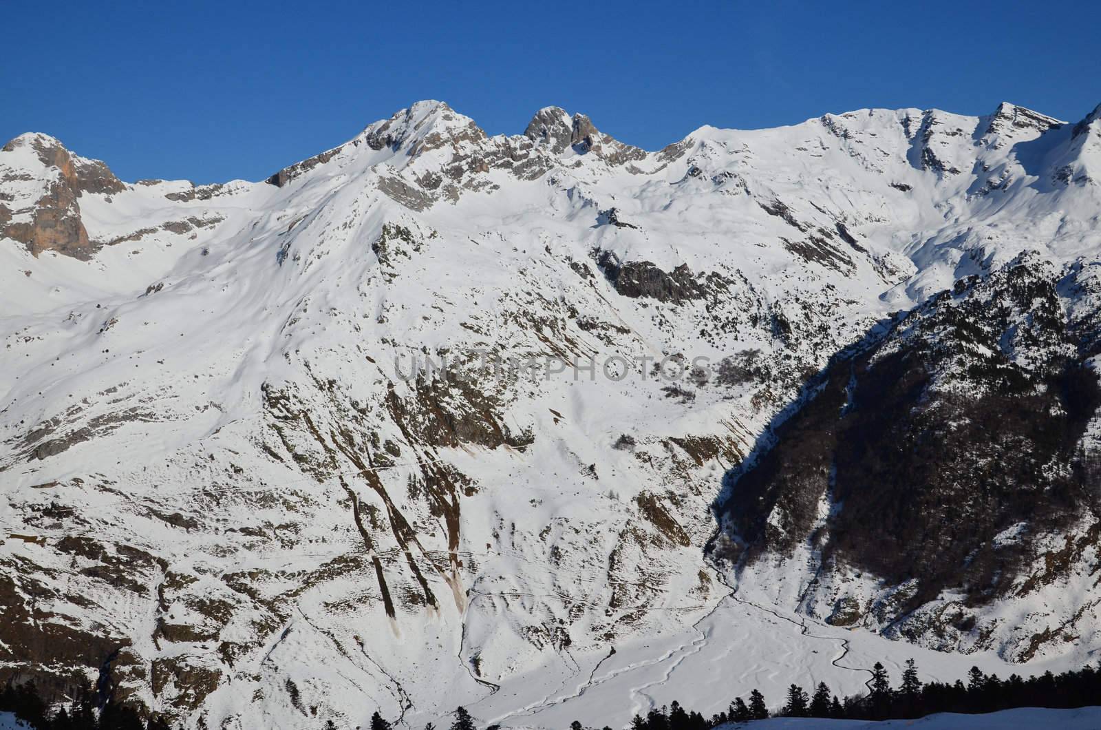 Winter lanscape in Pyrenees National Park seen from ski resort of Artouste in Atlantic Pyrenees