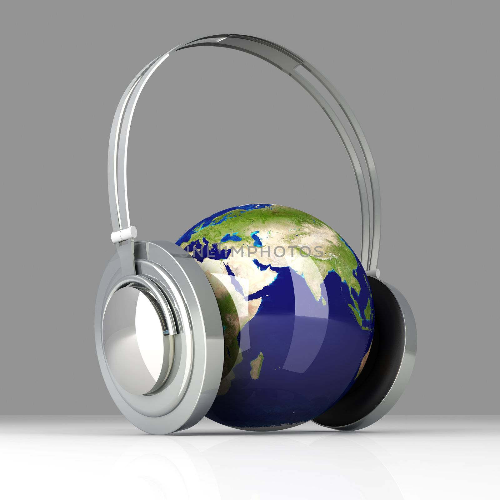 The music of Asia. Headphones and a world globe. 3D rendered Illustration. 