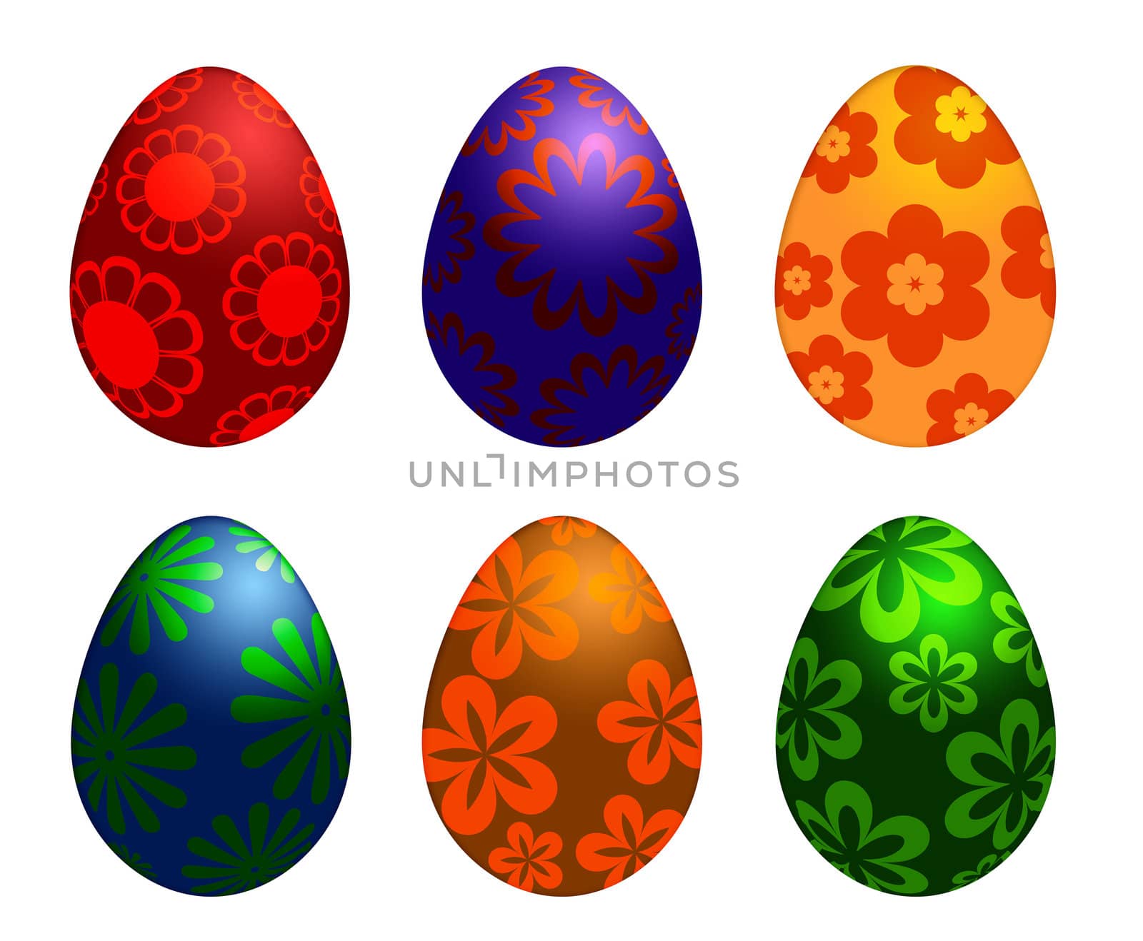 Six Colorful Happy Easter Day Eggs with Floral Designs Illustration Isolated on White Background